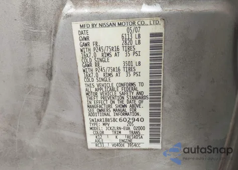 2008 Nissan Pathfinder S z USA, uszkodzony, nr VIN 5N1AR18B58C602940